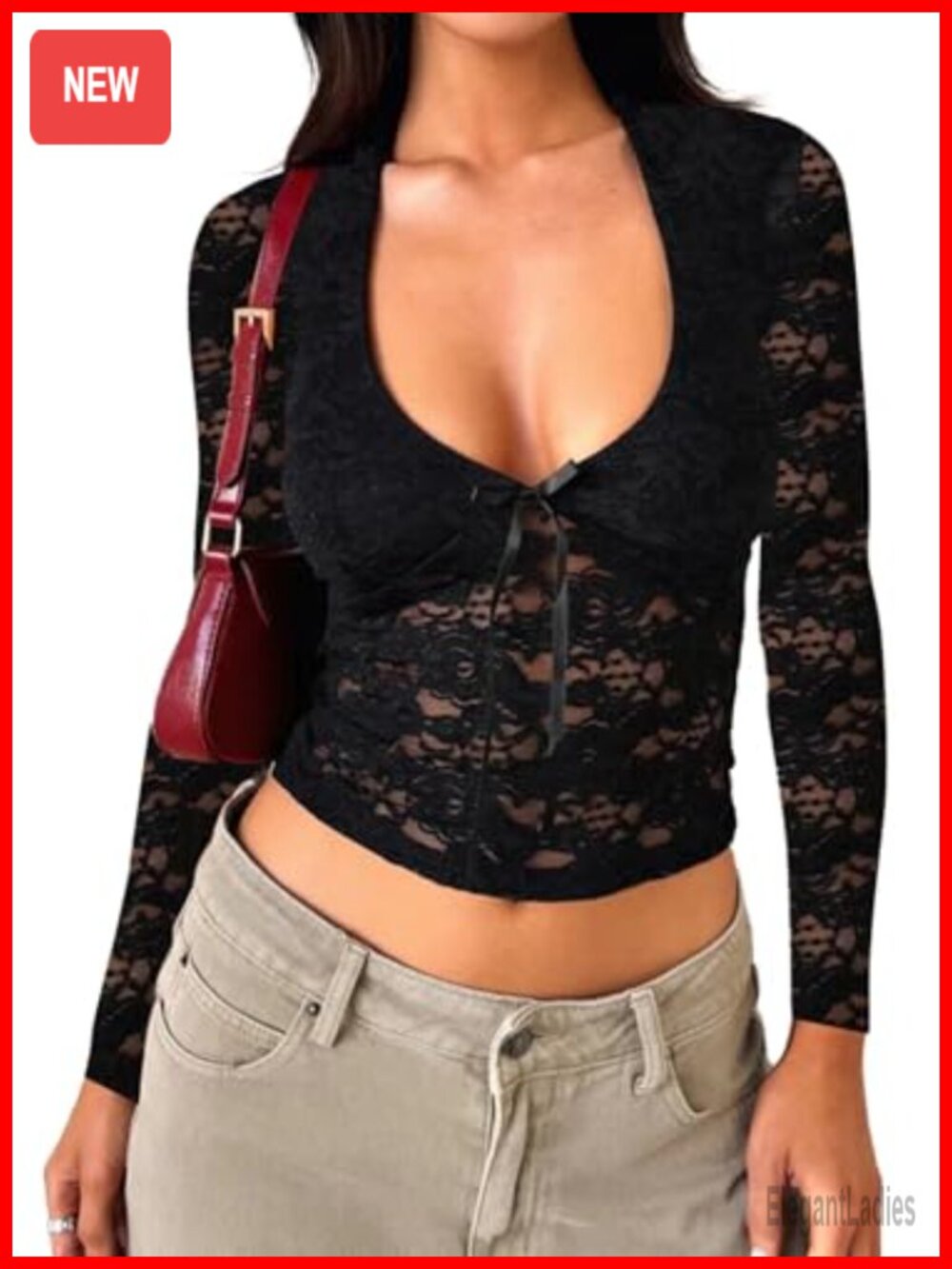 Women Lace Long Sleeve V-Neck Going Out Top Y2K Sexy Sheer Blouse
